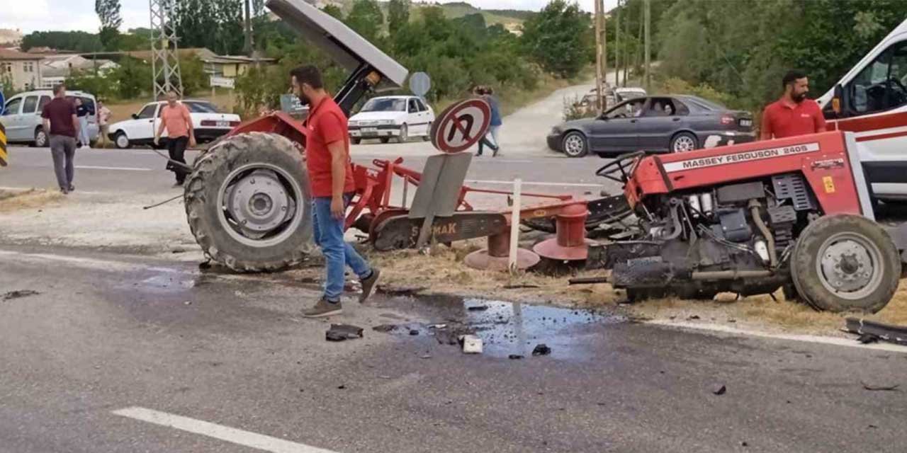 Otomobil ile çarpışan traktör ikiye bölündü!