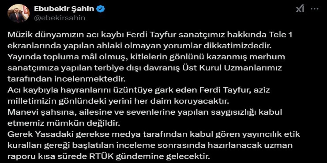 Şahin’den sunucu Musa Özuğurlu’nun Ferdi Tayfur yorumuna tepki